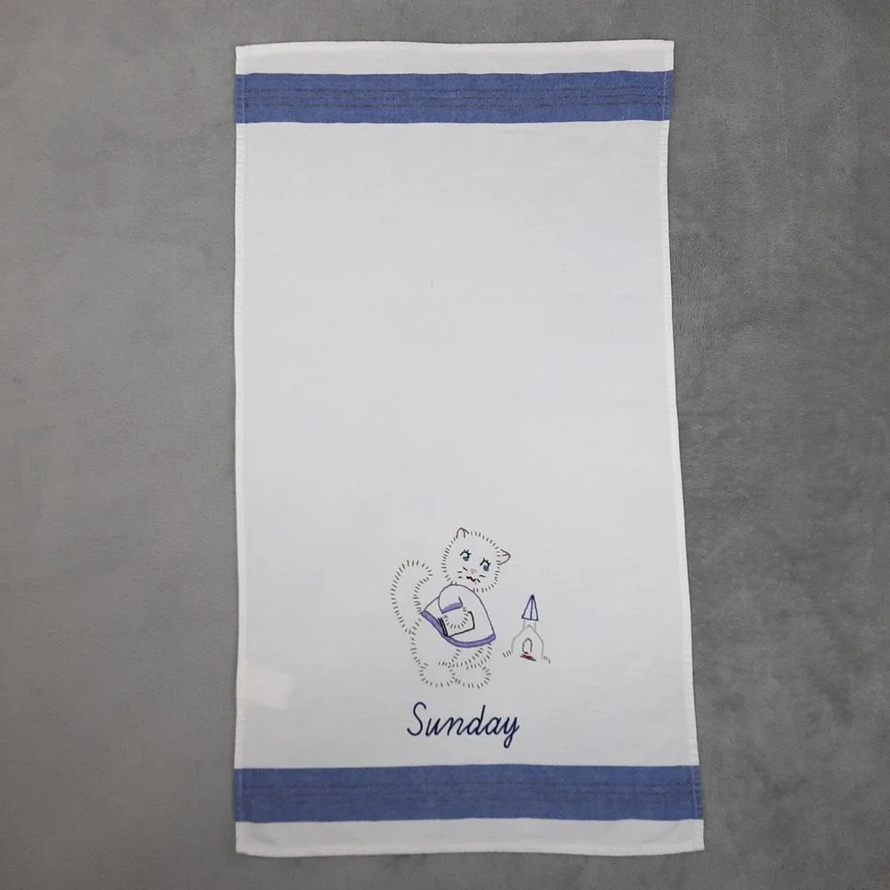Vintage Cat Tea Towel Kitchen Embroidered Sunday Kitty‎ Church Day of the Week